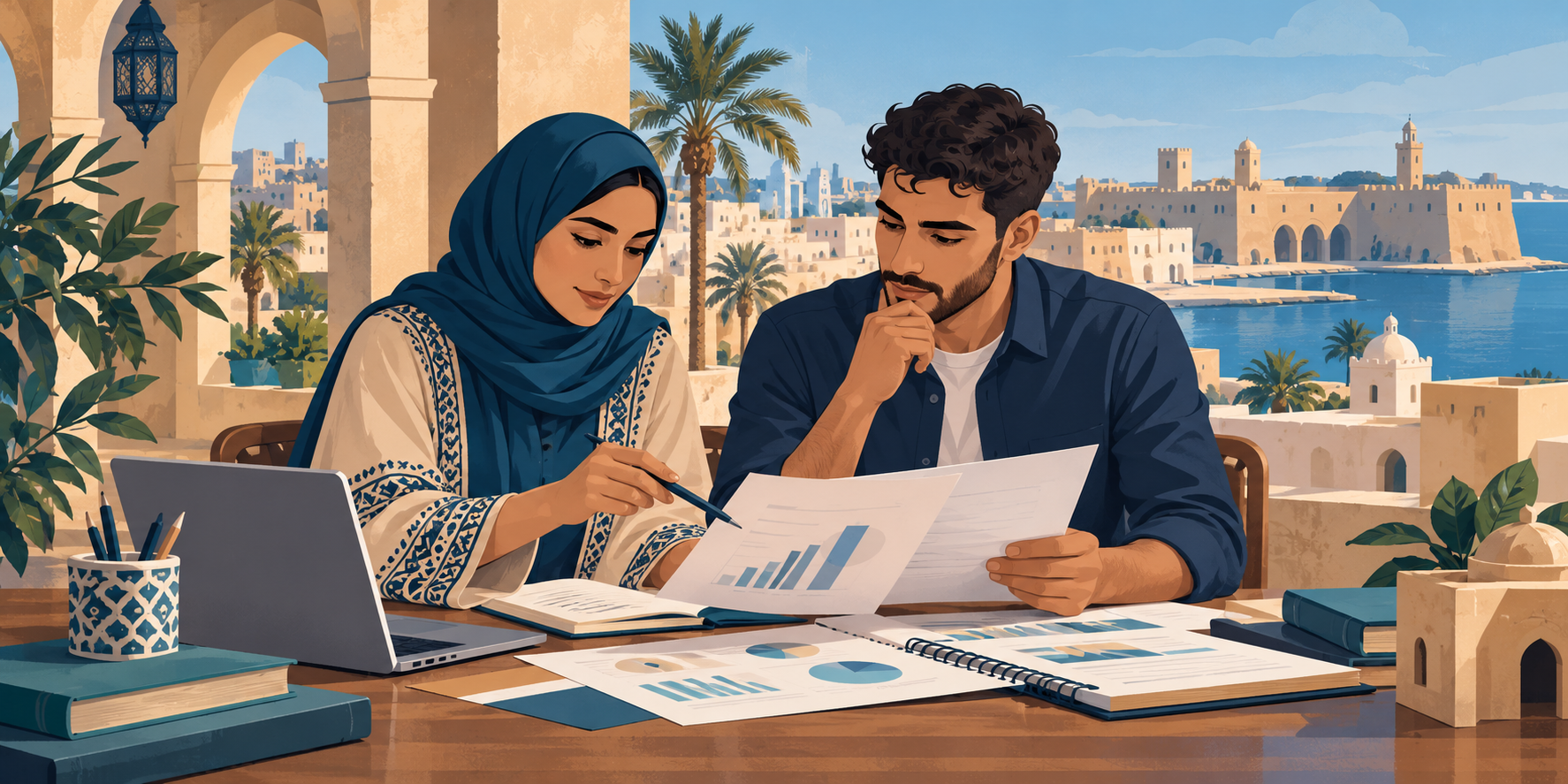 Editorial illustration of two entrepreneurs reviewing a business plan in Libya